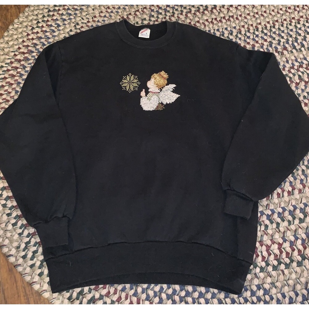 Womens Large Vintage Black Cross Stitch Angel Sweatshirt Made In USA ‎ Holiday